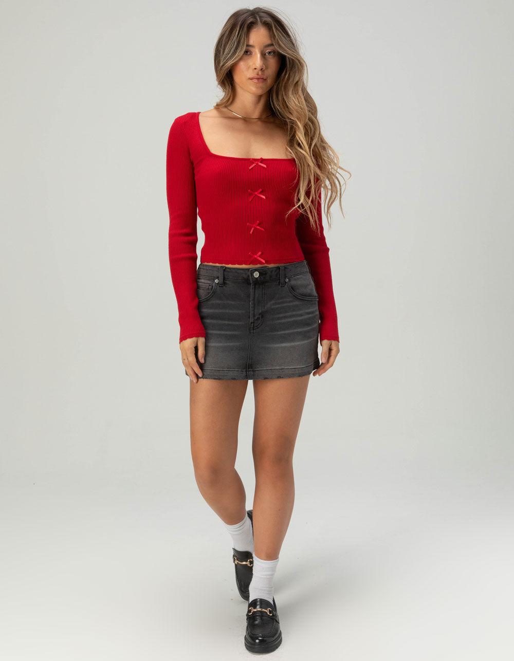 RSQ Womens Long Sleeve Square Neck Rib Bow Top - RED Product Image