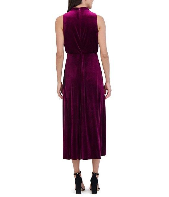Vince Camuto Velvet Drape Cowl Mock Neck Blouson Wrap Ruffle Flounce Silt Hem Midi Dress Product Image