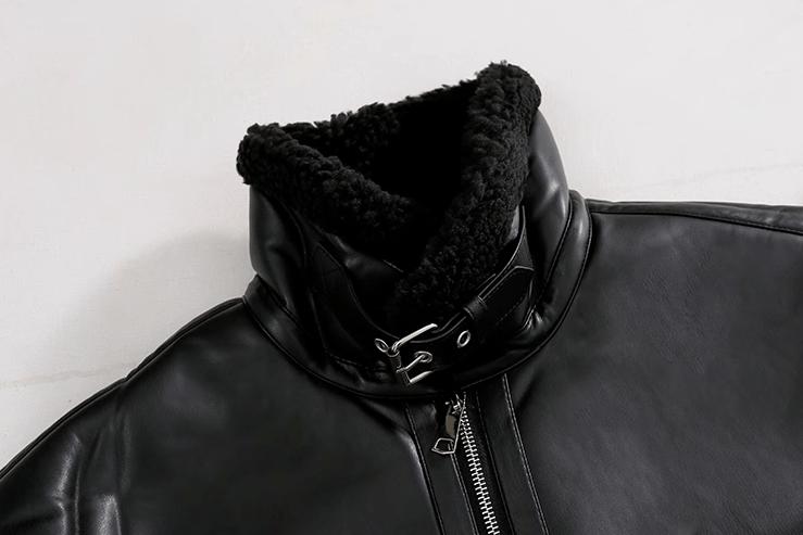 RT No. 10338 BLACK STAND COLLAR FLEECE LEATHER JK Product Image