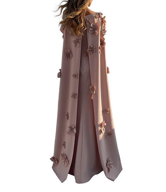 Terani Couture Crepe Cape Overlay 3D Floral Applique Sheath Dress Product Image