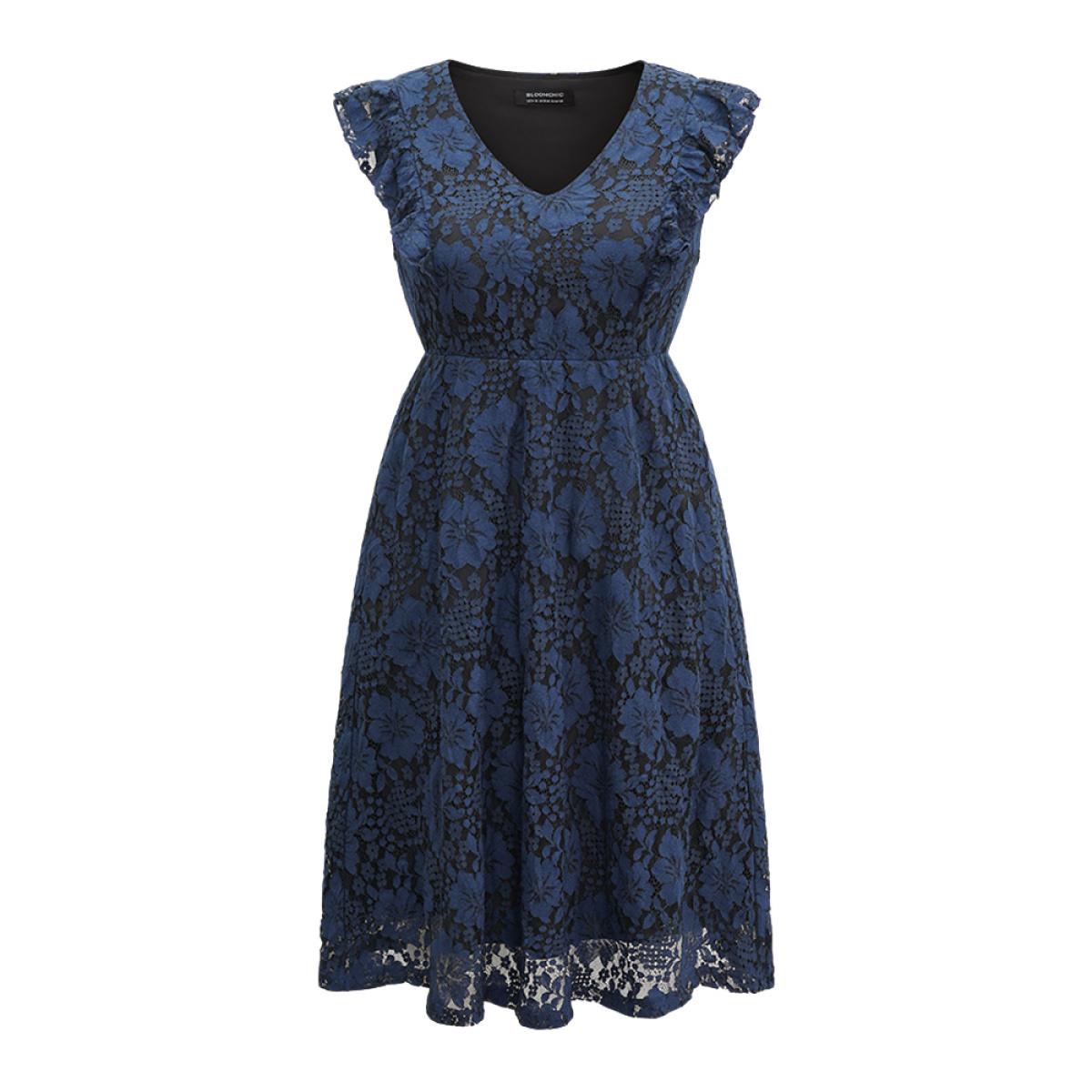 Plus Size Eyelet Lace Pocket Ruffle Trim Sleeveless Dress Black Women Glamour Lace V-neck Sleeveless Curvy Midi Dress BloomChic 30/6X Product Image