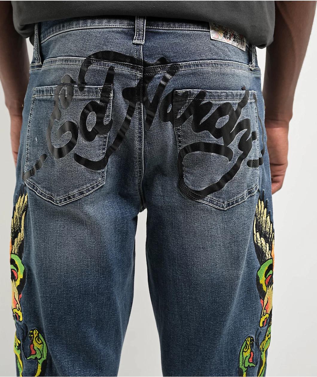 Ed Hardy Eagle Snake Slim Straight Y2K Med Blue Denim Jeans Product Image