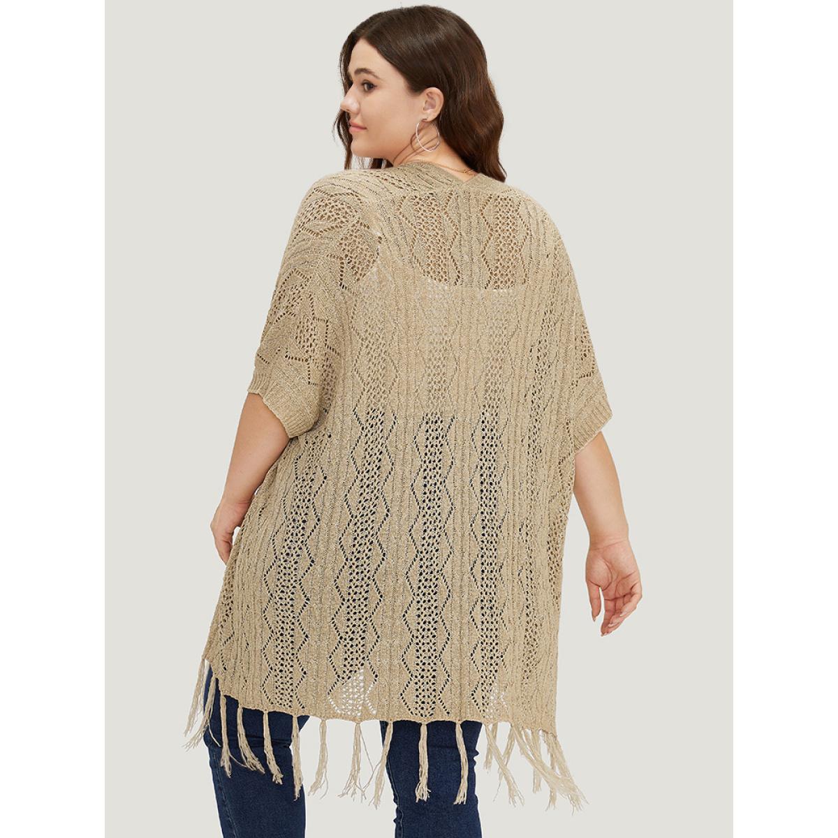 Plus Size Solid Fringe Trim Geometric Eyelet Batwing Sleeve Cardigan Tan Women Casual Loose Long Sleeve Dailywear Cardigans BloomChic 22-24/3X Product Image