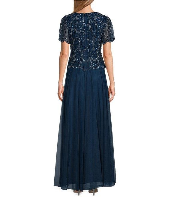 Alex Evenings Chiffon Hand Beaded Mock Square Neck Cascade Asymmetric Overlay A-Line Dress Product Image