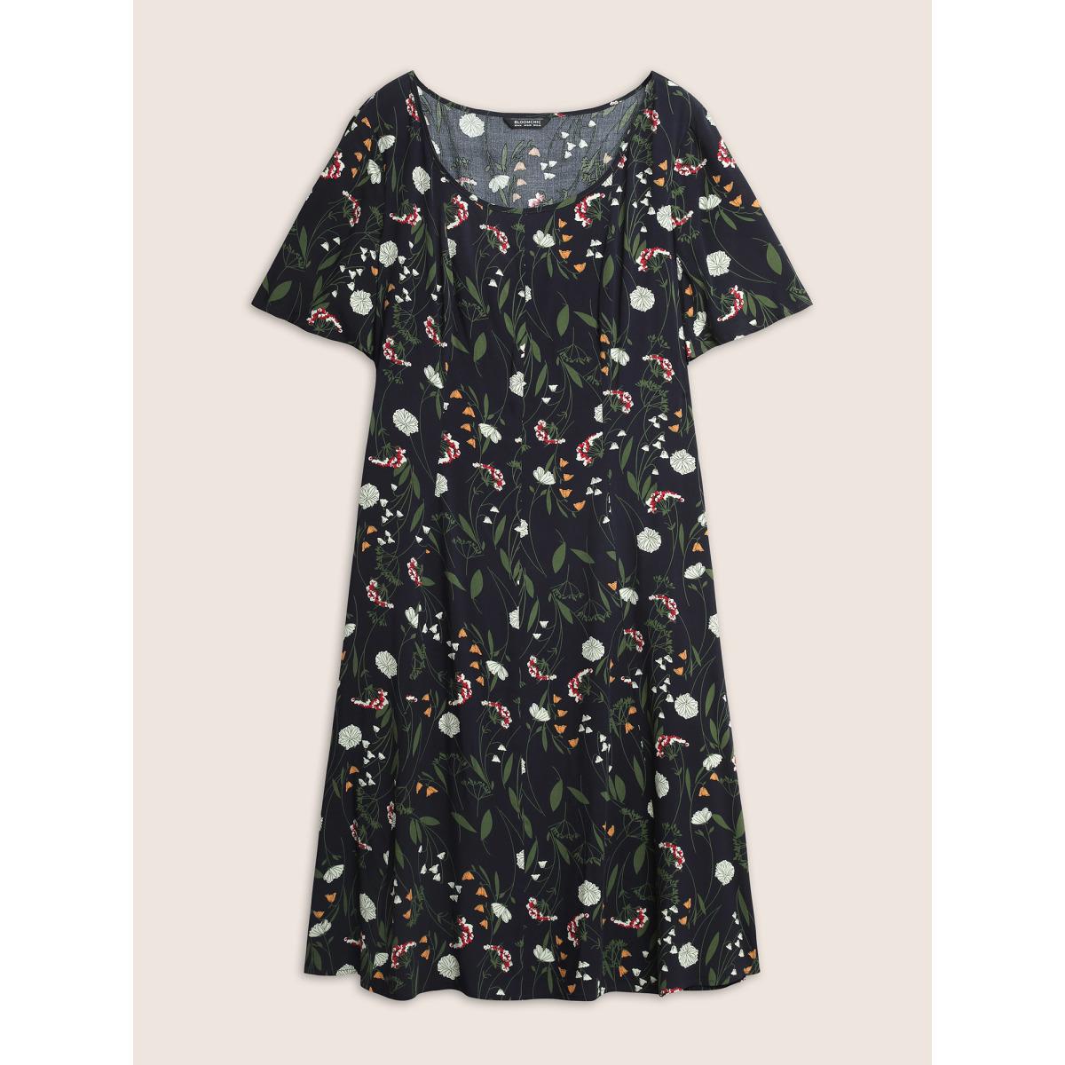 Plus Size Floral Print Patchwork Scoop Neck Dress Indigo Women Elegant Non Short sleeve Curvy Midi Dress BloomChic 26/4X Product Image