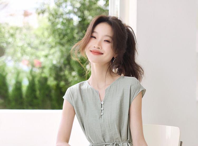 Short-Sleeve Notch Neck Plain Midi A-Line Dress Product Image