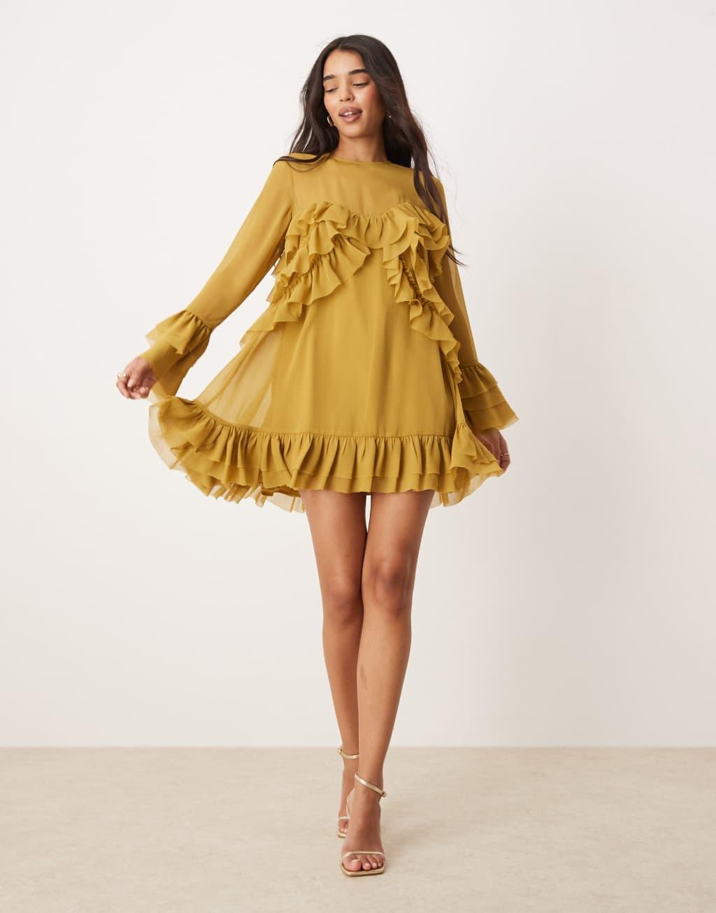 ASOS DESIGN long sleeve ruffle tiered mini dress in ochre Product Image