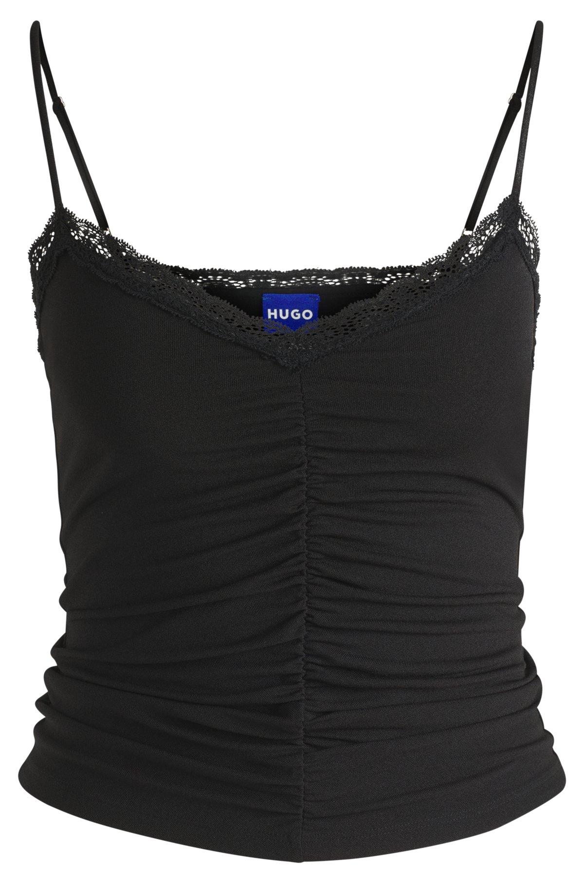 HUGO - Lace-trim top with ruffled front - Black Product Image