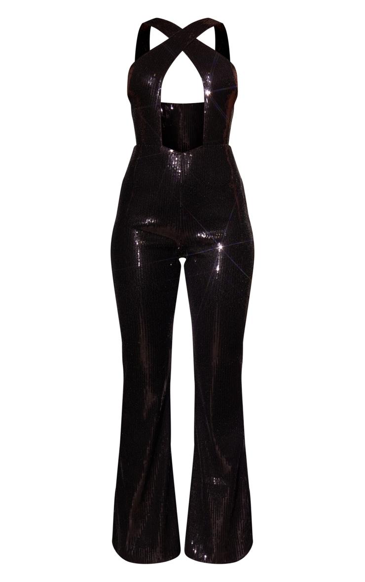 Black Sequin Cross Cut Out Wide Leg Jumpsuit Product Image