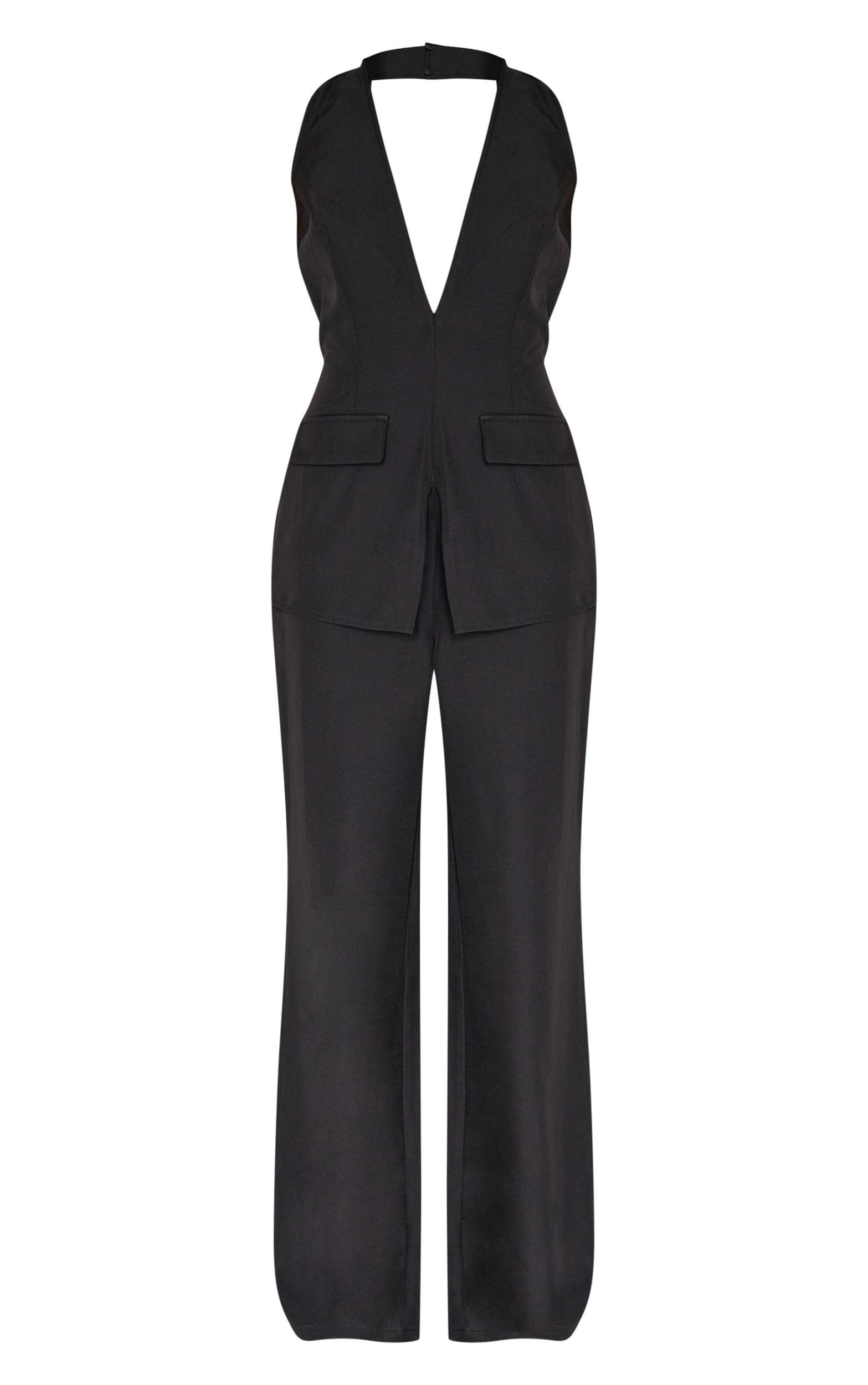 Black Structured Woven Vest Detail Straight Leg Jumpsuit Product Image