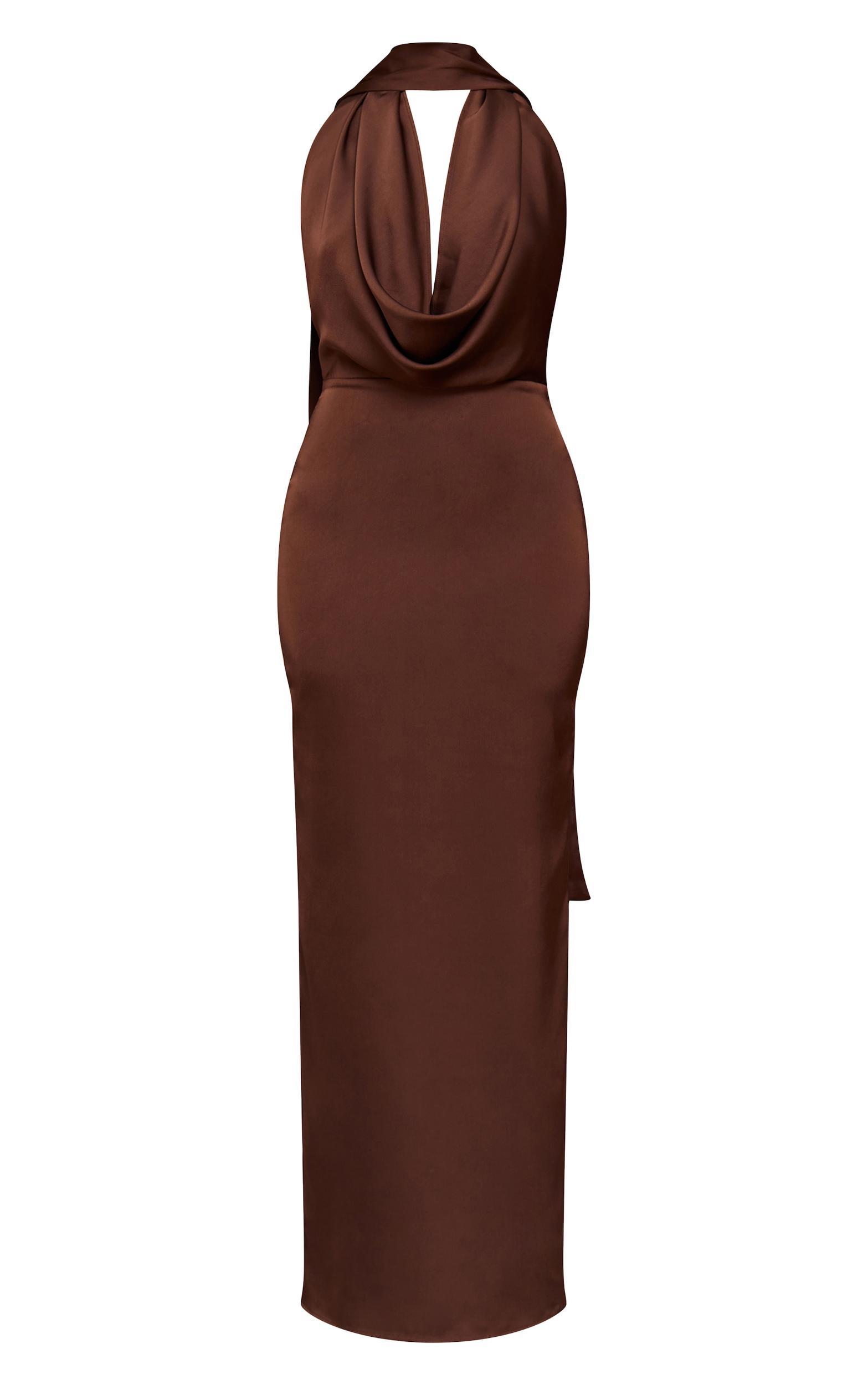 Chocolate Satin Cowl Neck Drape Maxi Dress Product Image