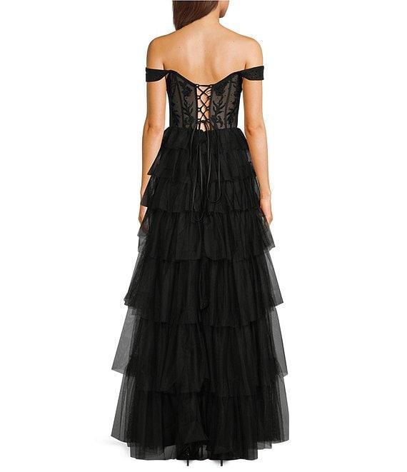 Blondie Nites Mesh Off-The-Shoulder Corset Tie Back Ruffle A-Line Gown Product Image