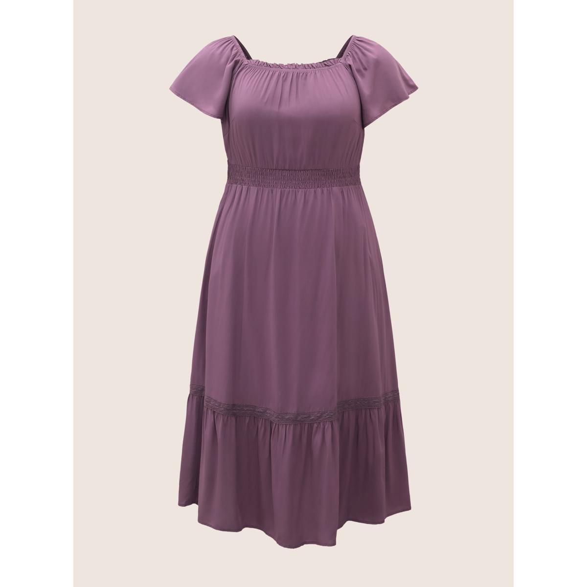 Plus Size Solid Cap Sleeve Shirred Frill Trim Dress Mauve Women Elegant Non Square Neck Cap Sleeve Curvy Midi Dress BloomChic 12/L Product Image