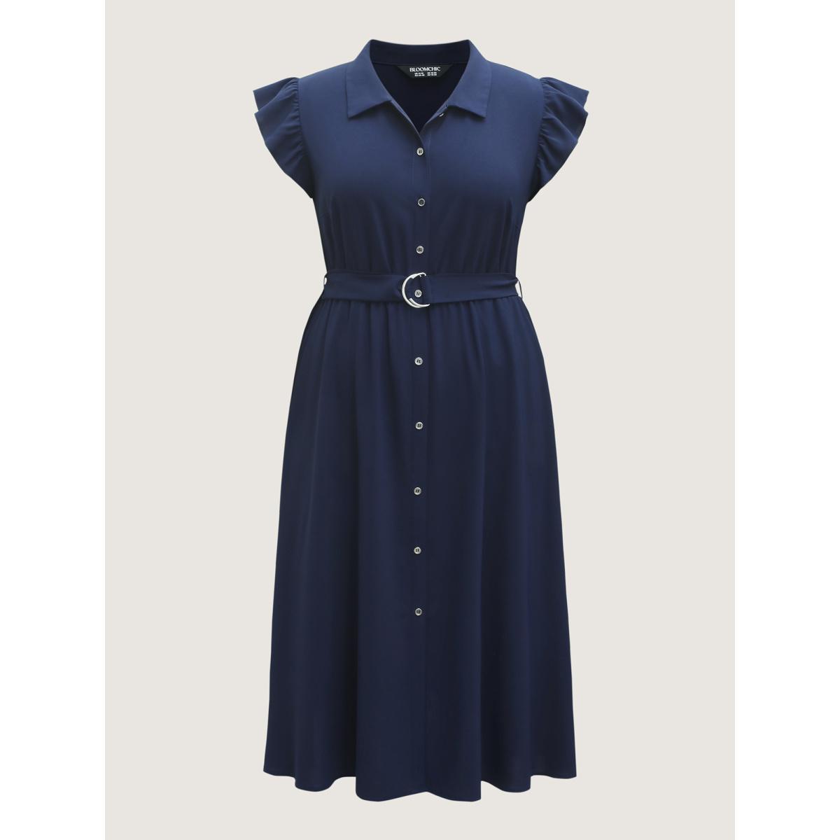 Plus Size Flutter Sleeve Belted Shirt Dress DarkBlue Women Shirt collar Cap Sleeve Curvy BloomChic 18-20/2X Product Image