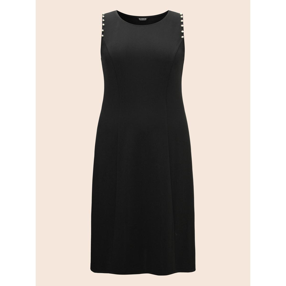Plus Size Crew Neck Pearl Beaded Tank Dress Black Women Elegant Beaded Round Neck Sleeveless Curvy BloomChic 10/M Product Image