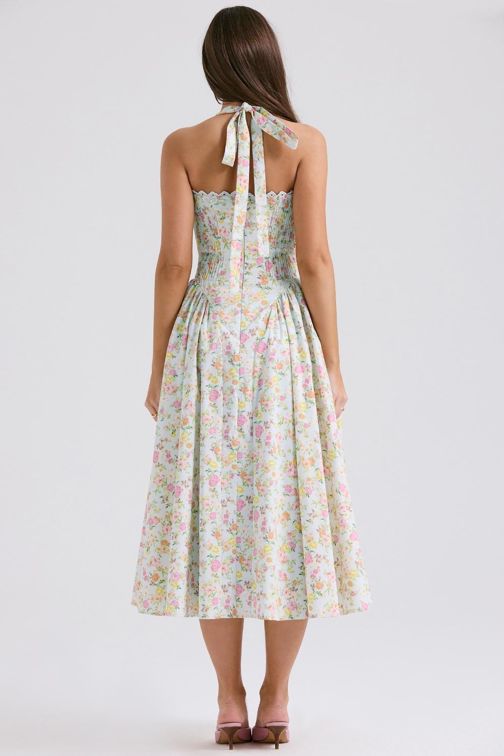 Adabella  pale blue meadow print cotton halter sundress Product Image
