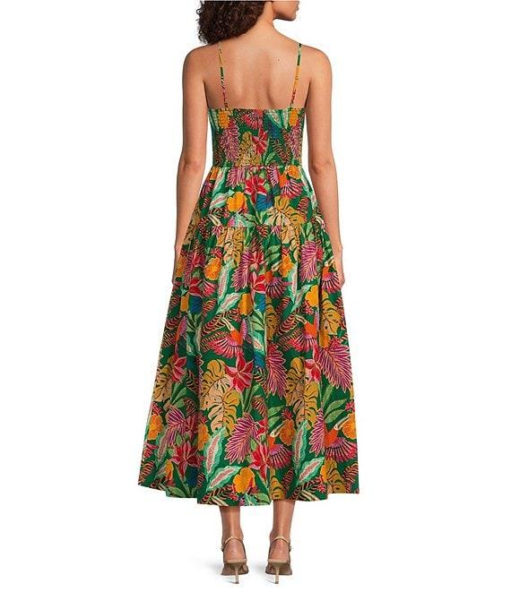 Gibson & Latimer Tropical Print Woven Scoop Tie Neck Spaghetti Strap Shirred Bodice Drop Waist A-Line Flounce Midi Dress Product Image