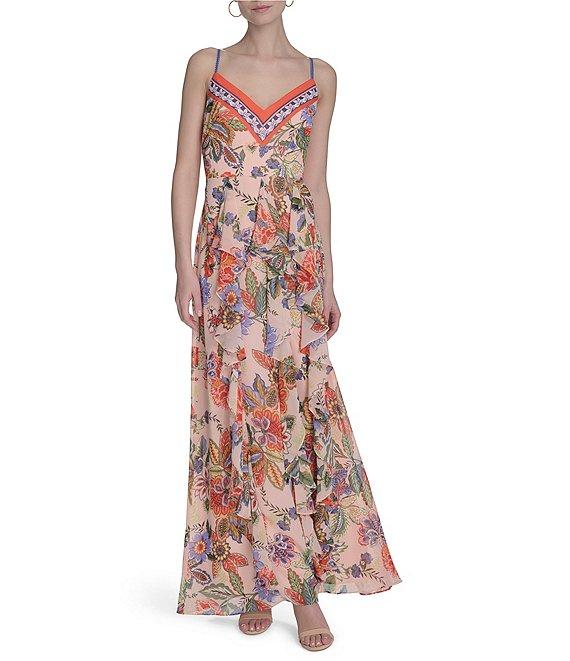 Eliza J Chiffon Floral Print V-Neck Sleeveless Ruffle Sheath Maxi Dress Product Image