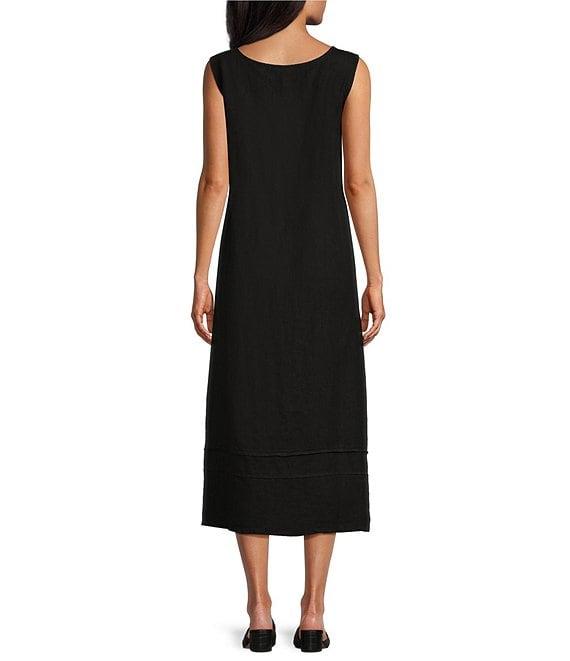 Bryn Walker Light Linen Poppy Round Neck Sleeveless Pintuck Detail Shift Midi Dress Product Image
