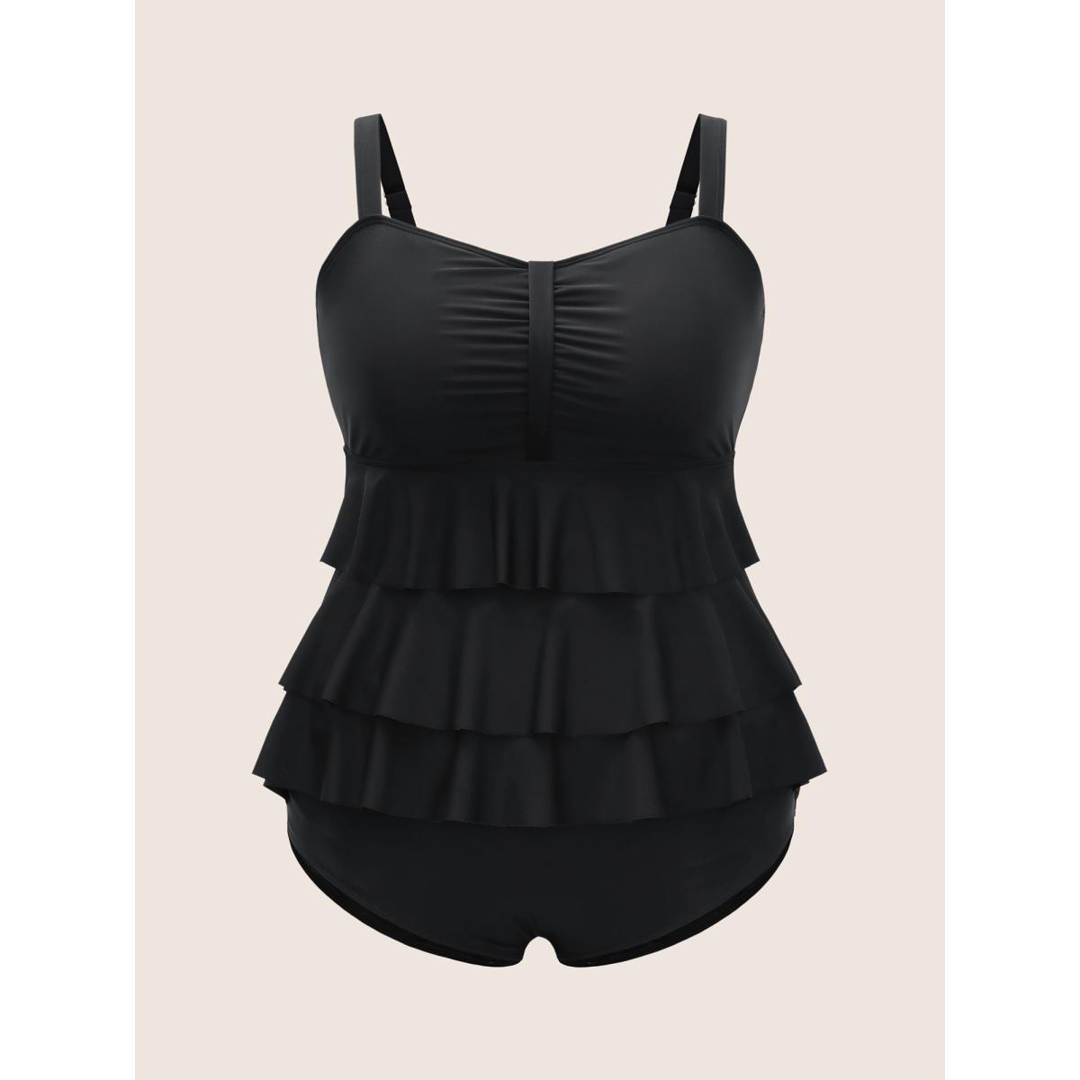 Plus Size Solid Tiered Ruffles Ruched One Piece Swimsuit Women's Swimwear Black Beach Gathered Curve Bathing Suits High stretch One Pieces BloomChic 28/5X Product Image