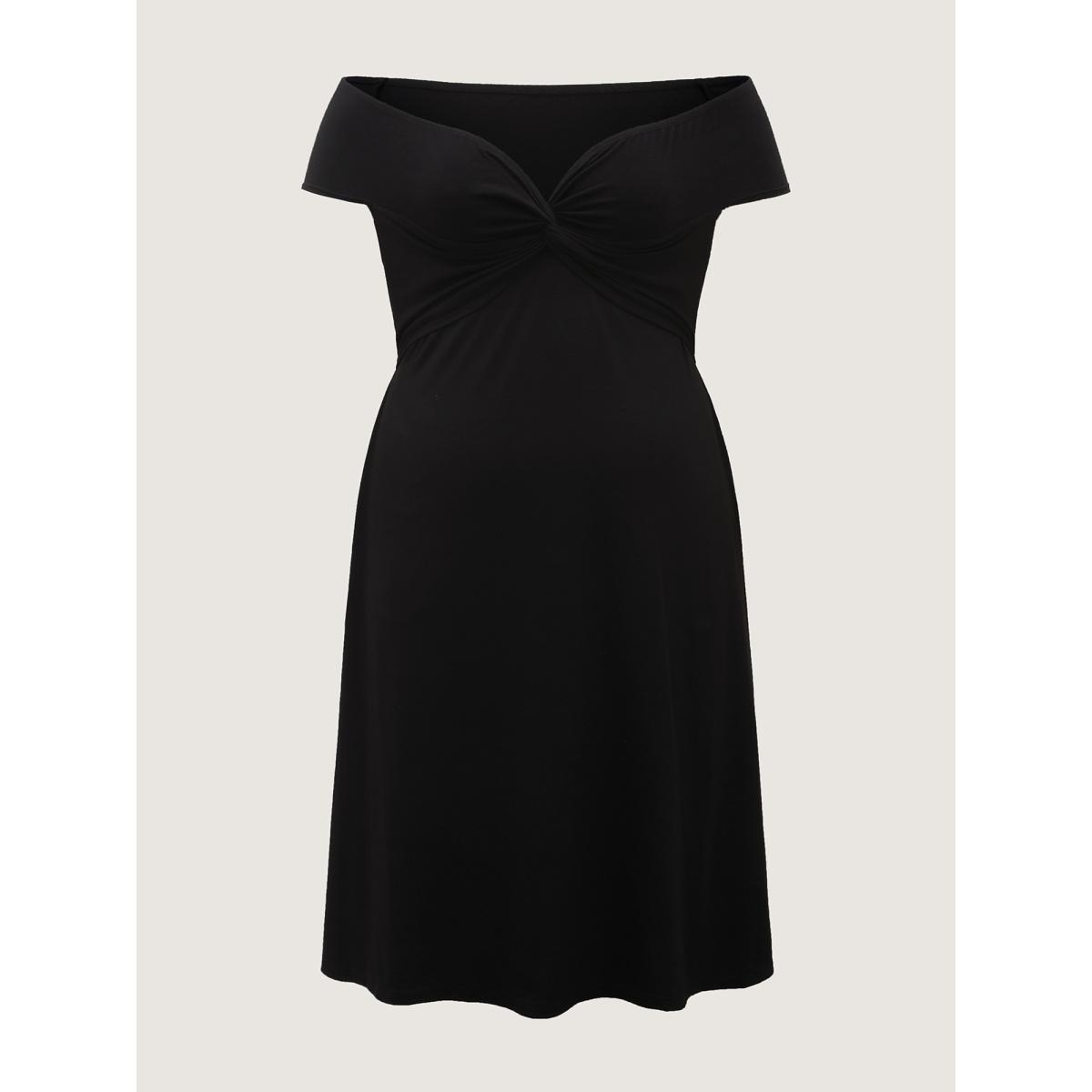 Plus Size Twist Front Off-Shoulder Pockets Midi Dress Black Women Office One-shoulder neck Cap Sleeve Curvy BloomChic 12/L Product Image
