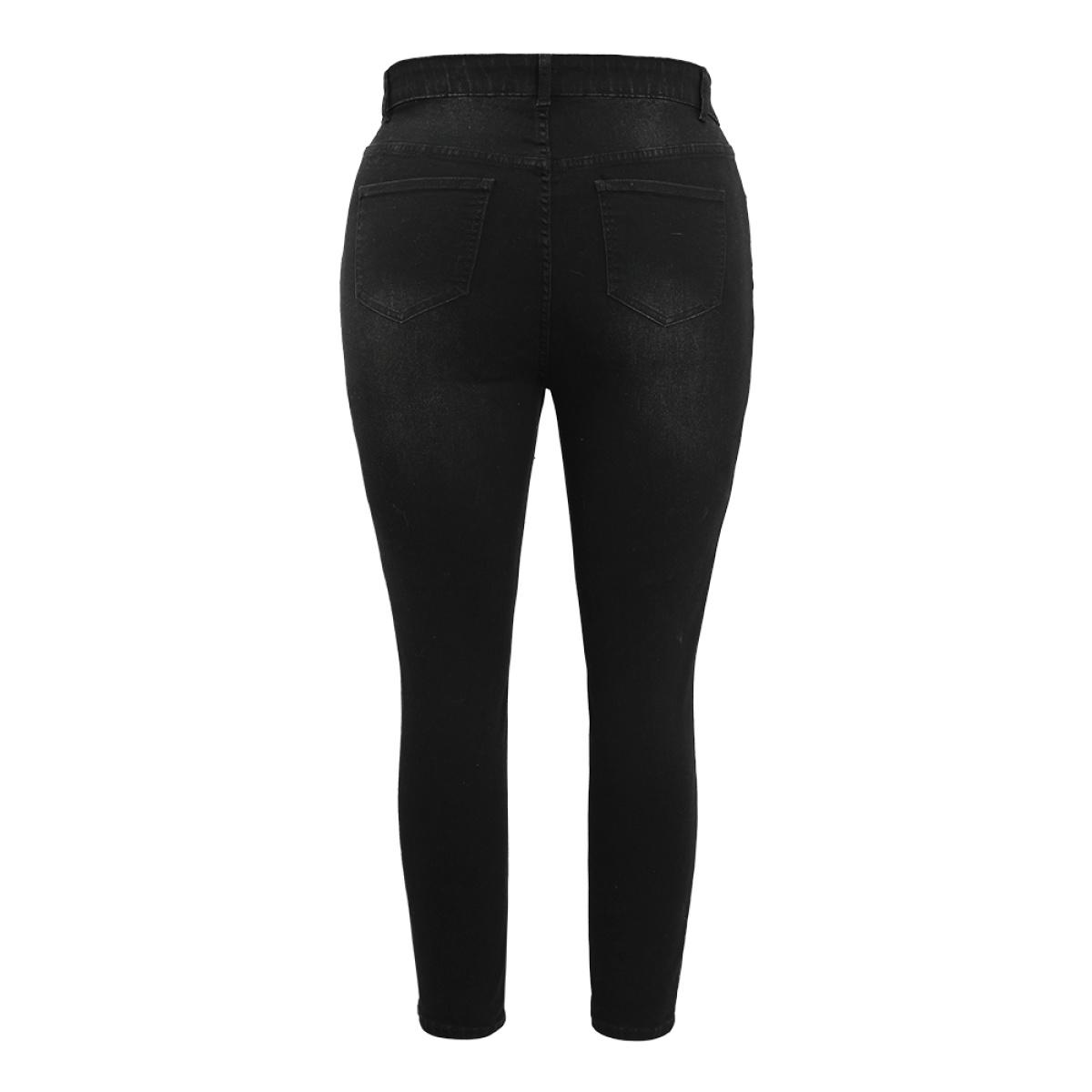 Plus Size Very Stretchy High Rise Black Wash Floral Embroidered Jeans Women Black Casual Plain Embroidered High stretch Pocket Jeans BloomChic 18/2X Product Image