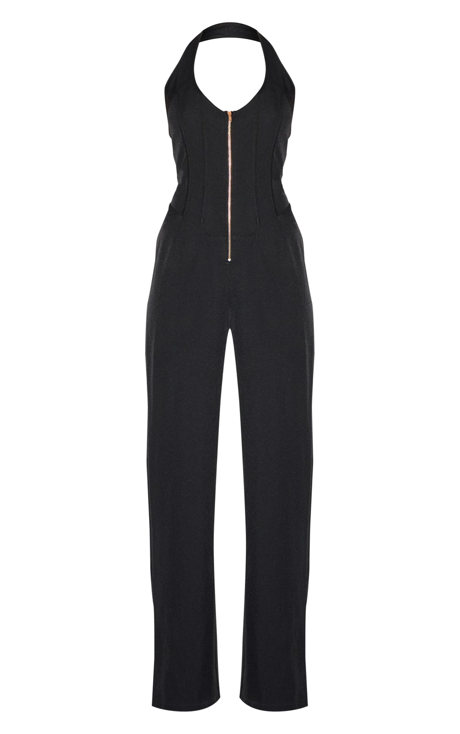  Black Dipped Corset Zip Front Wide Leg Jumpsuit Product Image