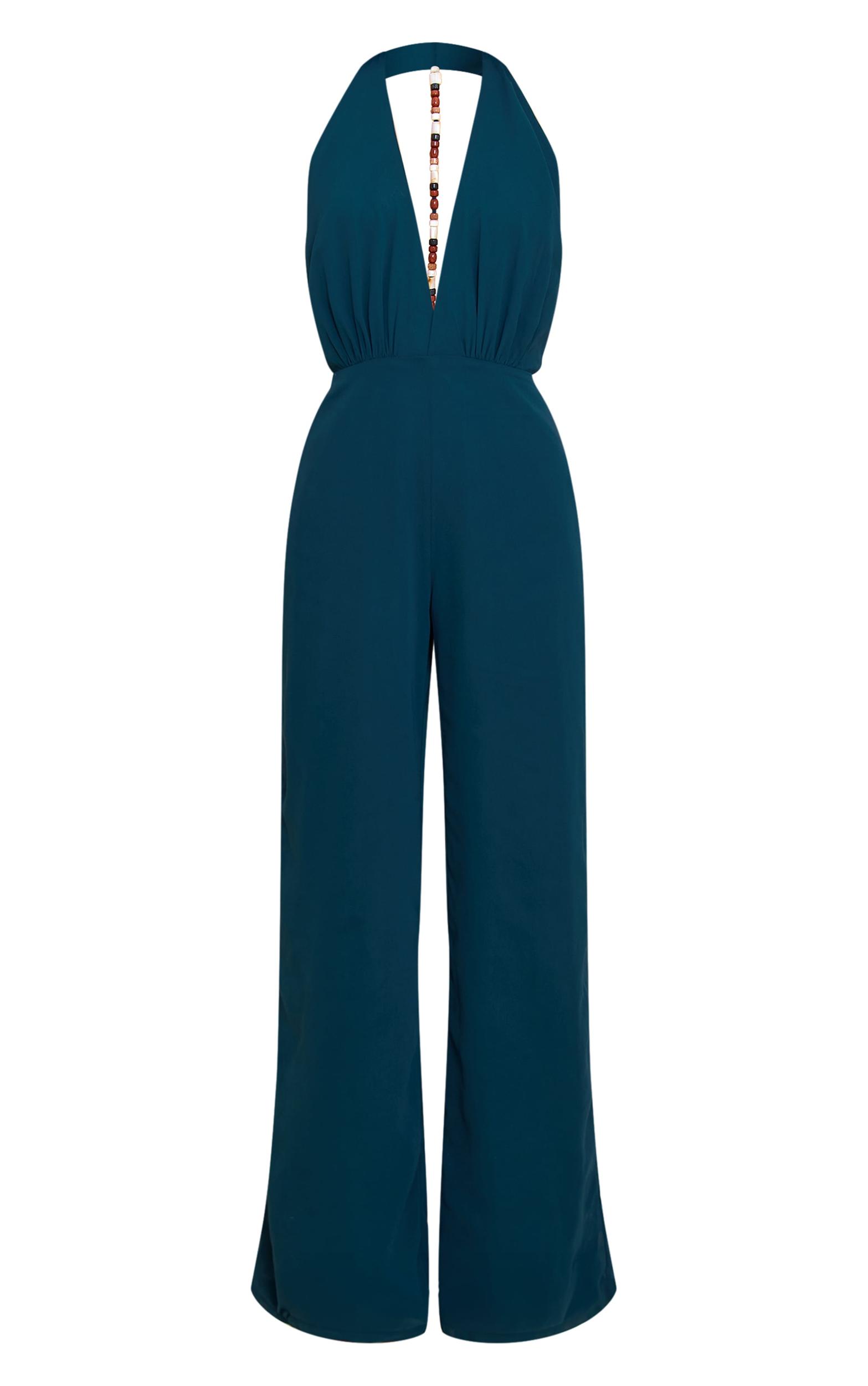Teal Chiffon Cowl Neck Bead Detail Jumpsuit Product Image