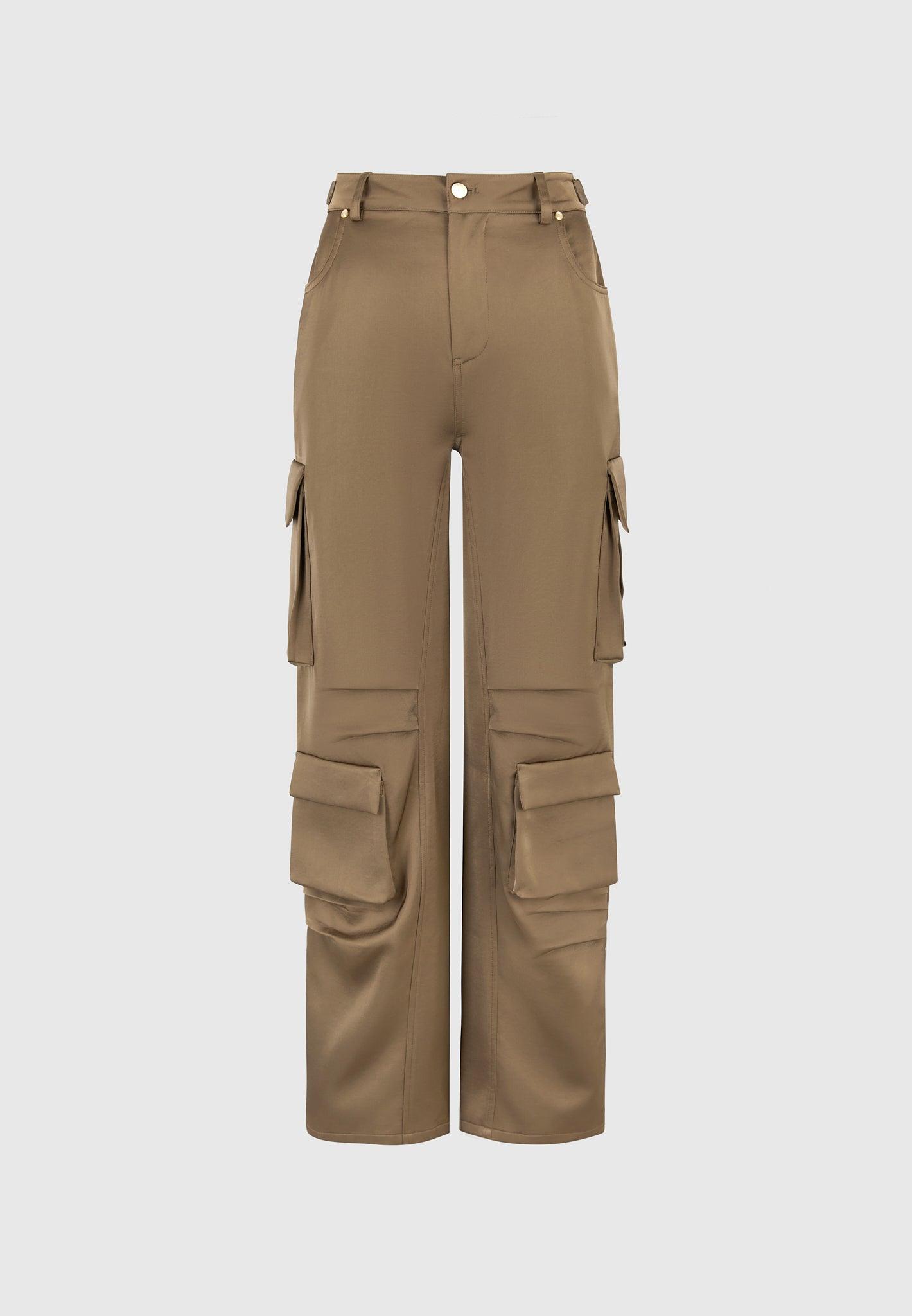 Emilie - Satin High Waisted Cargo Pants - Dark Olive Female Product Image