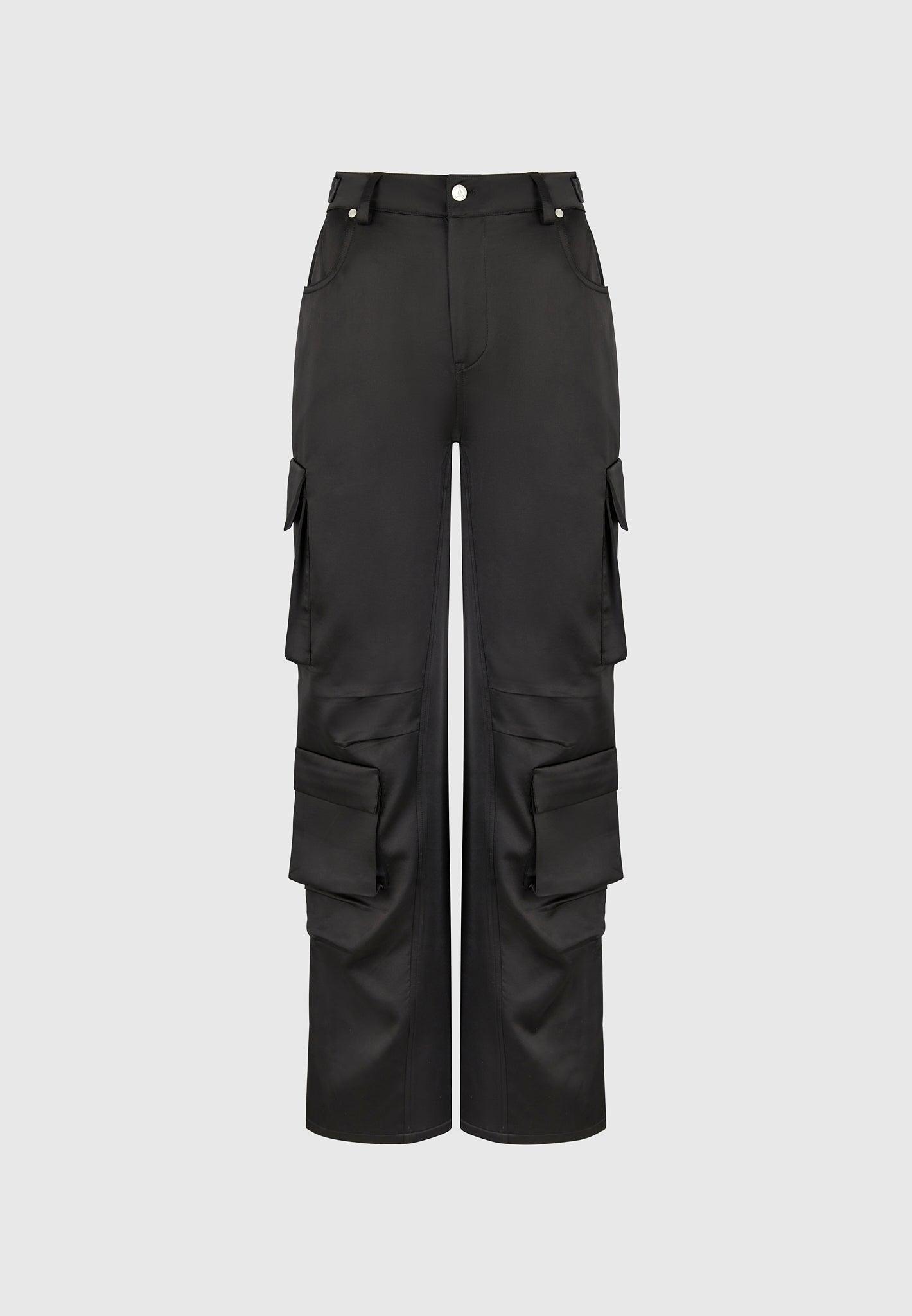 Emilie - Satin High Waisted Cargo Pants - Black Female Product Image