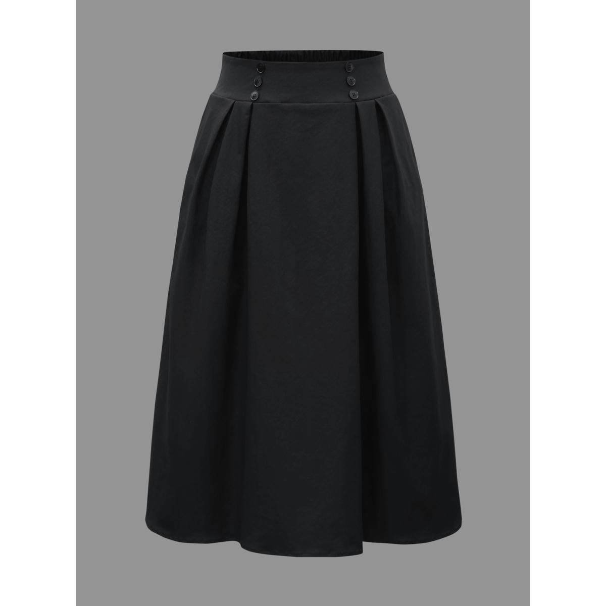 Plus Size Elastic Waist Fastener Pleated Skirt Women Black Elegant Button Low stretch Slanted pocket Everyday Skirts BloomChic 14-16/1X Product Image