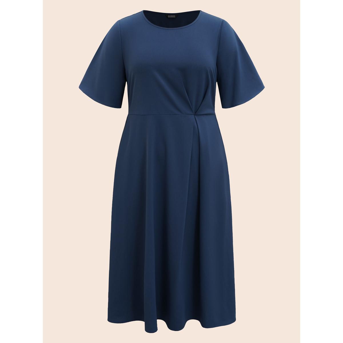 Plus Size Plain Round Neck Plicated Detail Dress Indigo Women Office Pleated Round Neck Half Sleeve Curvy BloomChic 10/M Product Image