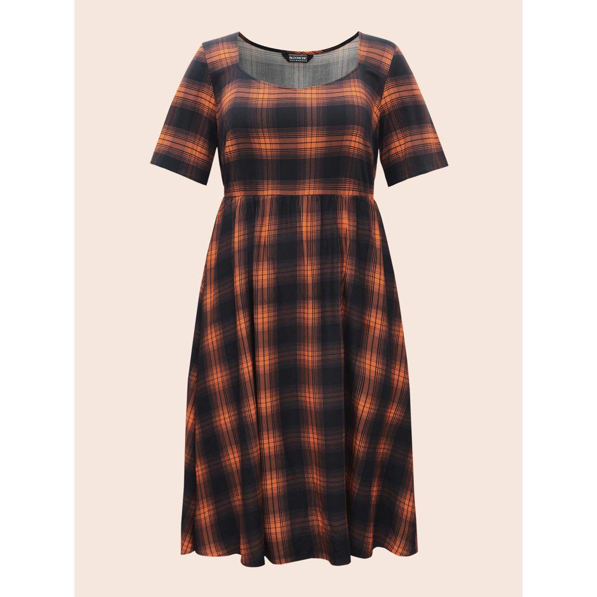 Plus Size Stretchy Plaid Contrast Splicing Midi Dress Brightorange Women Cocktail Non Party Curvy Bloomchic 18-20/2X Product Image
