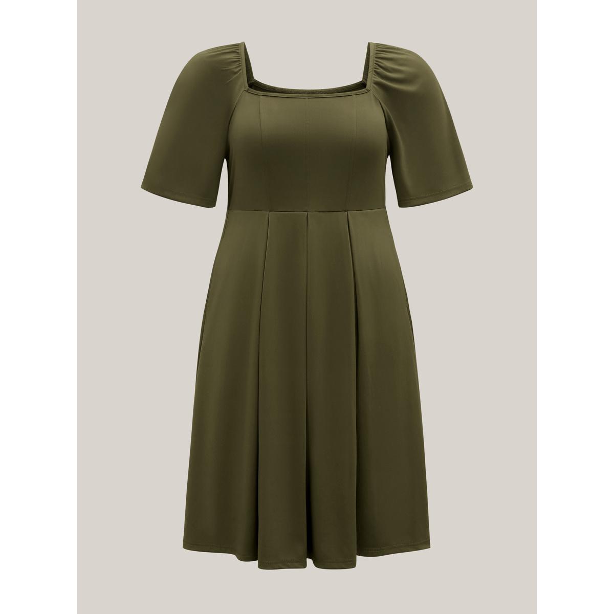 Plus Size Stretchy Plicated Detail Square Neck Dress ArmyGreen Women At the Office Pleated Square Neck Short sleeve Curvy BloomChic 14-16/1X Product Image