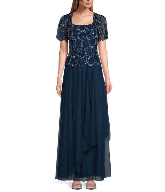 Alex Evenings Chiffon Hand Beaded Mock Square Neck Cascade Asymmetric Overlay A-Line Dress Product Image