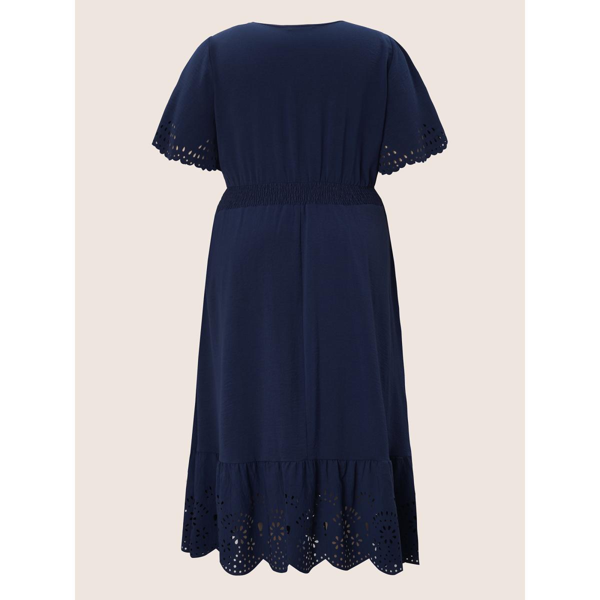 Plus Size Solid Laser Cut Shirred Pocket Wrap Scalloped Trim Flutter Dress Navy Women Timeless Non V-neck Short sleeve Curvy Midi Dress BloomChic 22-24/3X Product Image