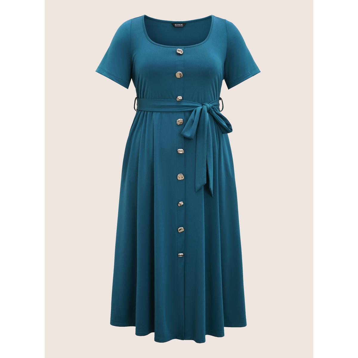 Plus Size Square Neck Button Detail Belted Dress Cerulean Women At the Office Belted Square Neck Short sleeve Curvy BloomChic 30/6X Product Image