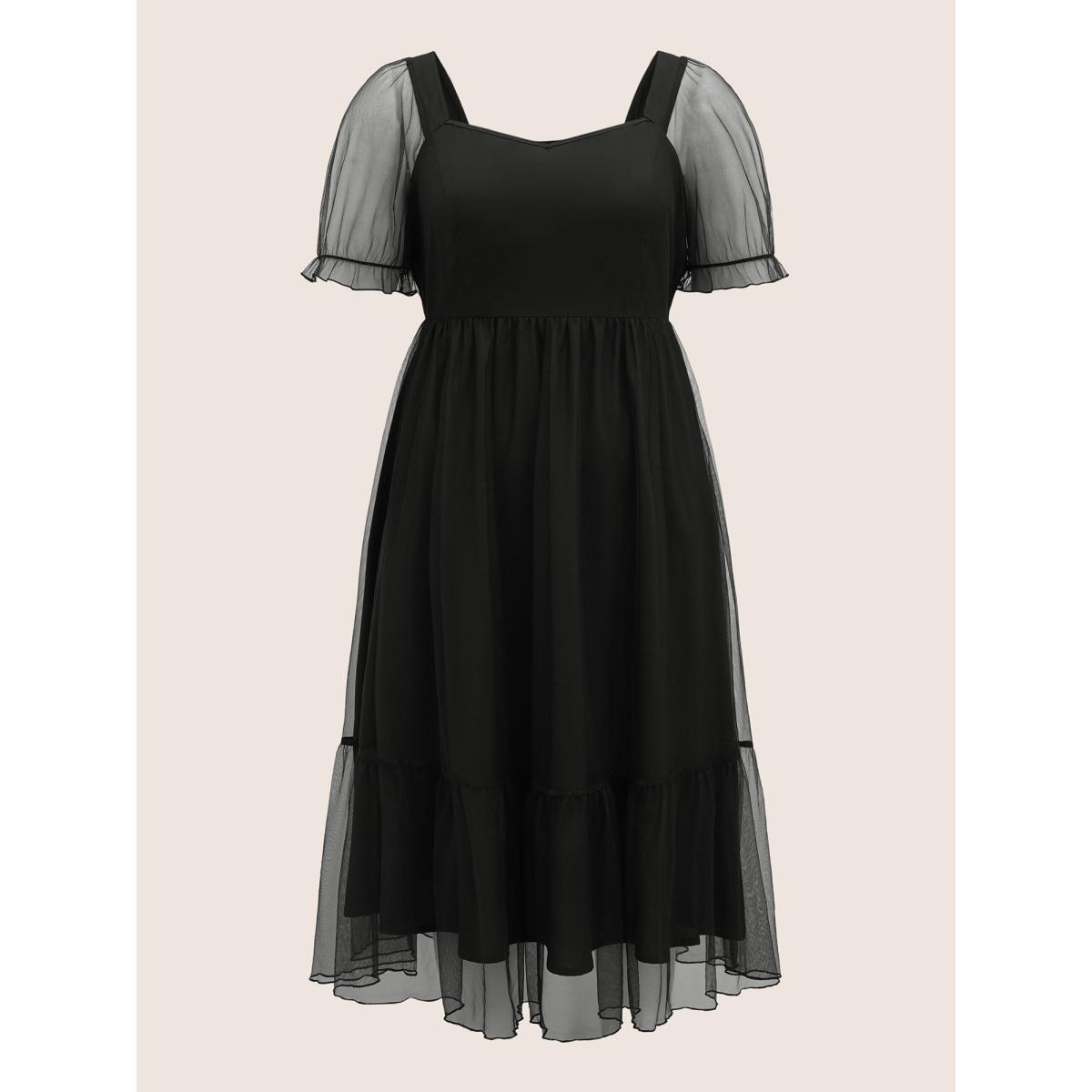 Plus Size Heart Neckline Patchwork Mesh Elastic Waist Dress Black Women Elegant See through Heart neckline Short sleeve Curvy BloomChic 12/L Product Image