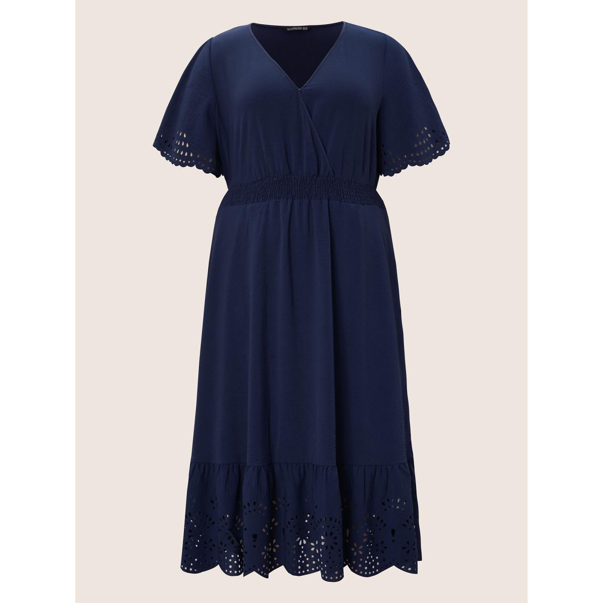 Plus Size Solid Laser Cut Shirred Pocket Wrap Scalloped Trim Flutter Dress Navy Women Timeless Non V-neck Short sleeve Curvy Midi Dress BloomChic 22-24/3X Product Image