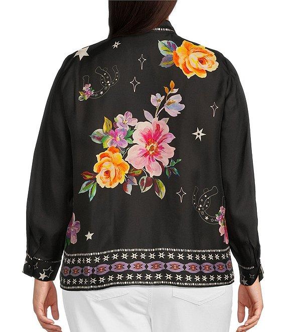 JOHNNY WAS Plus Size Placement Floral and Border Print Point Collar Long Sleeve Button Front Shirt Product Image