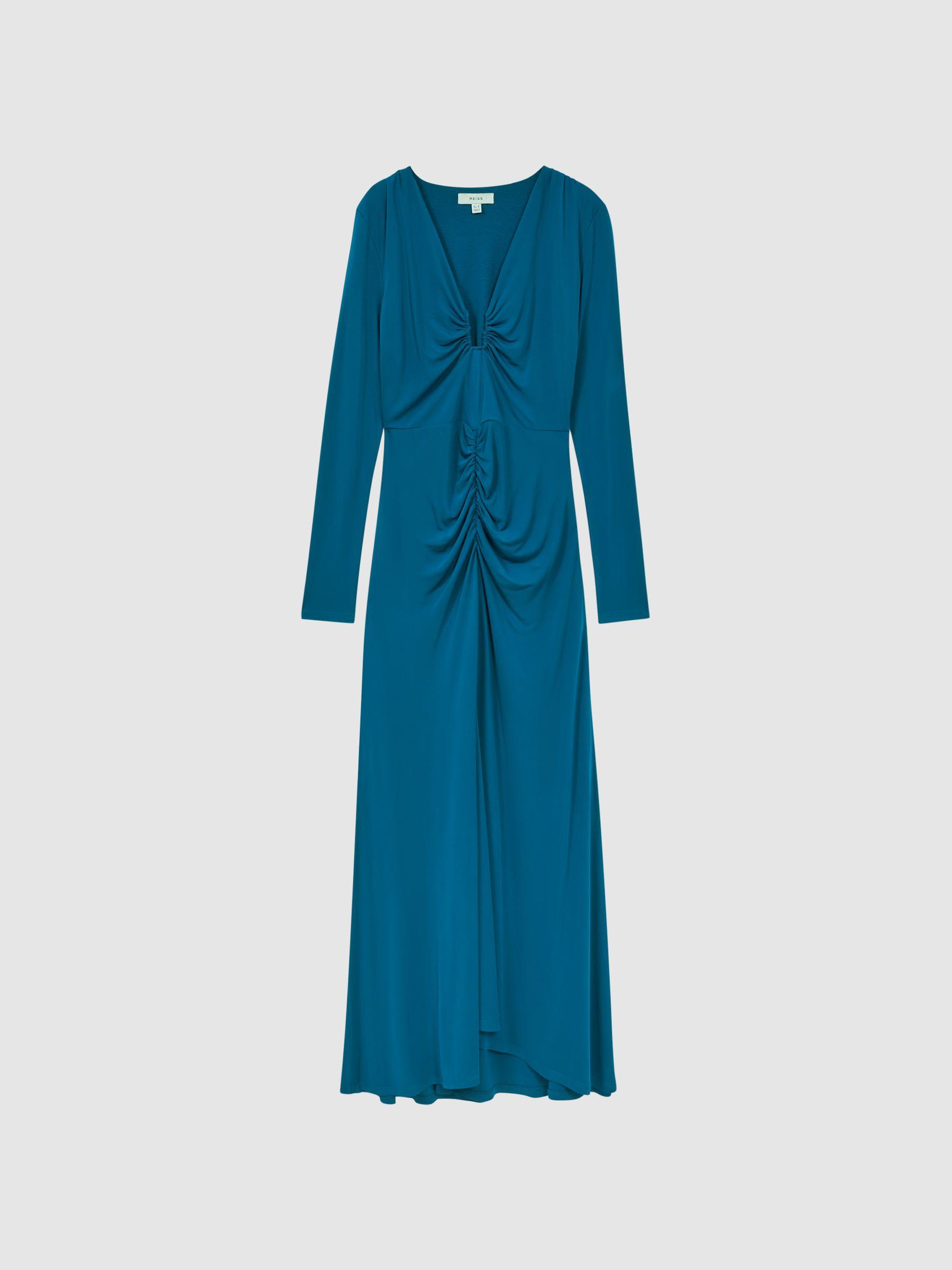 Plunge Neck Ruche Midi Dress in Teal Product Image
