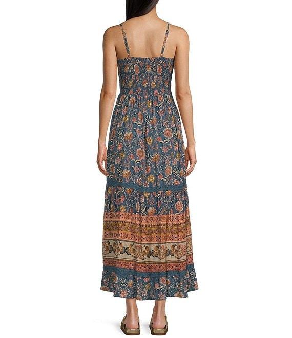 Angie Floral Print V-Neck Spaghetti Strap Knot Front Crochet Trim Maxi Dress Product Image