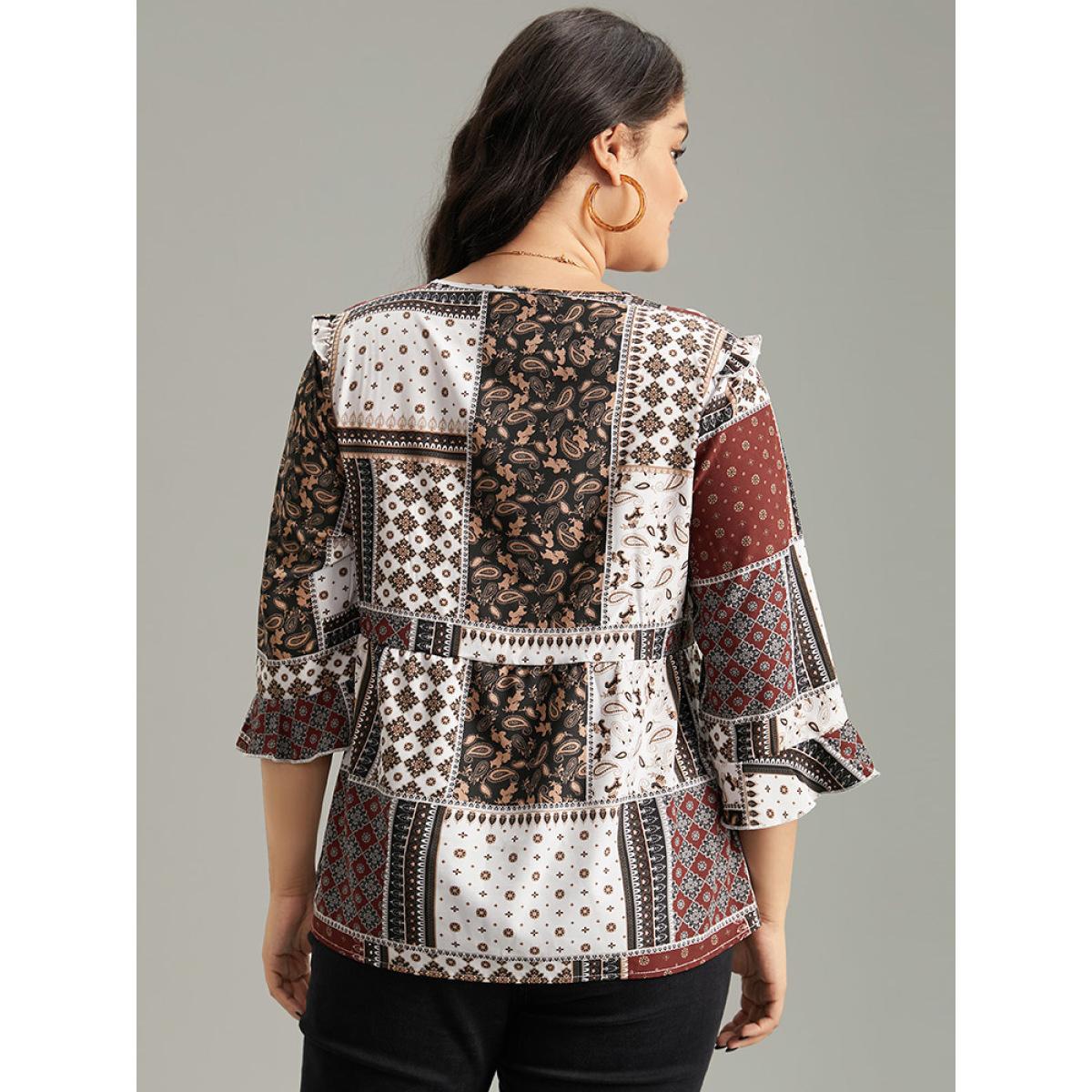 Plus Size Scarlet Moroccan Print Lace Panel Ruffles Frill Trim Blouse Women Vacation Elbow-length sleeve V-neck Vacation Blouses BloomChic 12/L Product Image