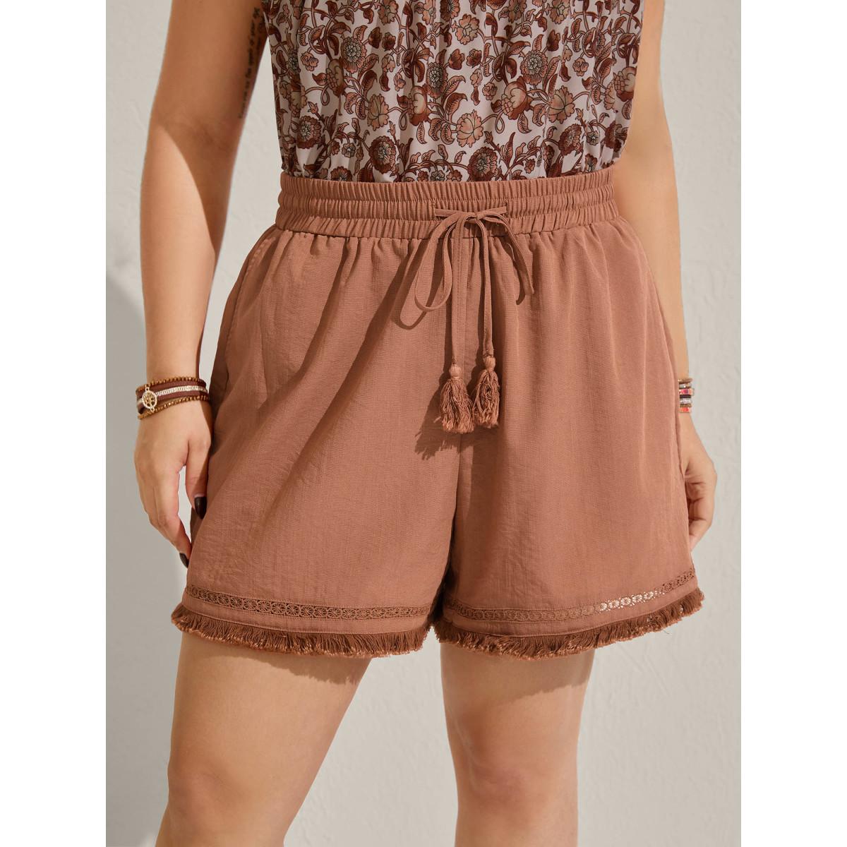 Plus Size Tassel Hem Solid Shorts Women Rust Resort Tassels Wide Leg Vacation Shorts BloomChic 30/6X Product Image