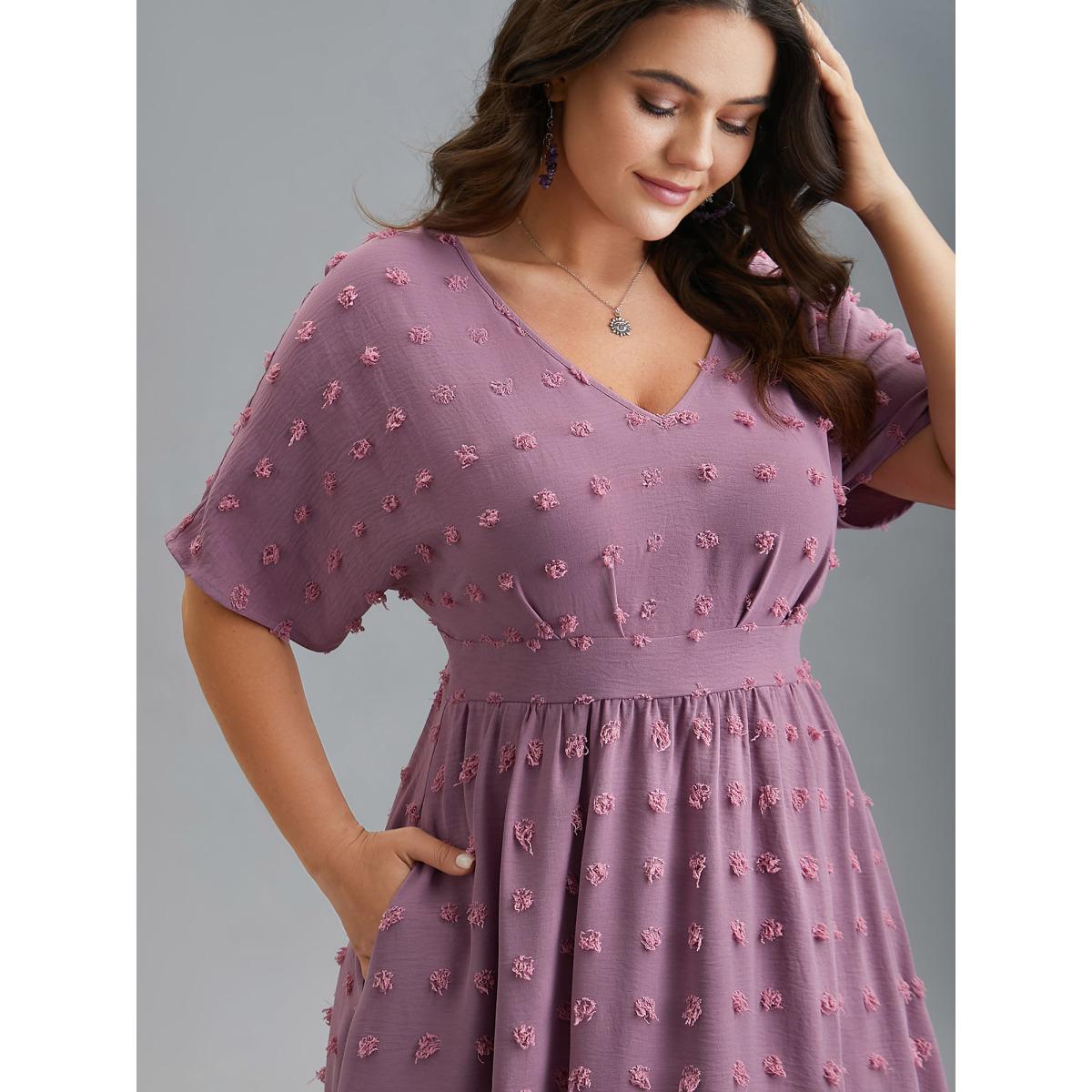 Plus Size V-Neck Textured Batwing Sleeve Midi Dress Lilac Women Resort Texture V-neck Half Sleeve Curvy BloomChic 14-16/1X Product Image