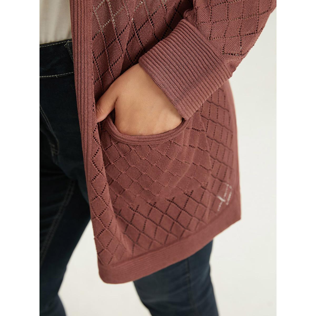 Plus Size Plain Geometric Hollow Out Pocket Cardigan Rust Women Casual Loose Long Sleeve Everyday Cardigans BloomChic 28/5X Product Image