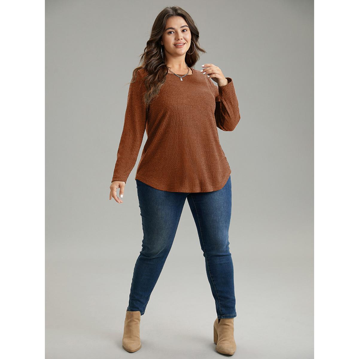 Plus Size Rib Knit Solid Crew Neck Button Detail T-shirt Bronze Women Casual Texture Plain Round Neck Dailywear T-shirts BloomChic 26/4X Product Image