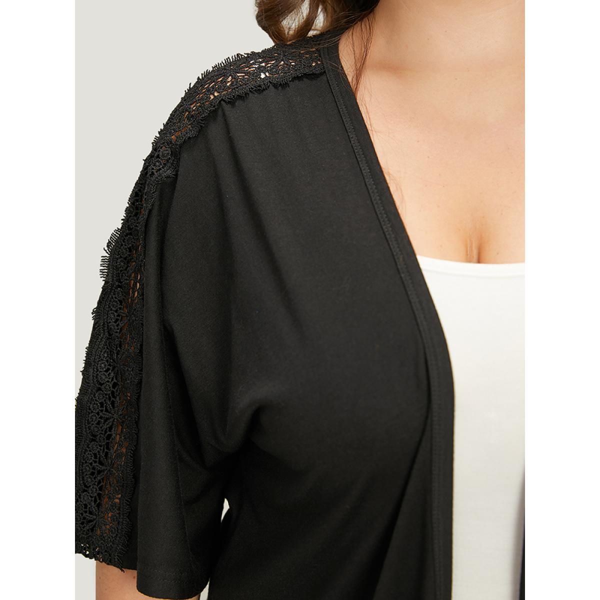Plus Size Halloween Supersoft Essentials Plain Lace Panel Open Front Kimono Women Black Casual Plain Dailywear Kimonos BloomChic 10/M Product Image