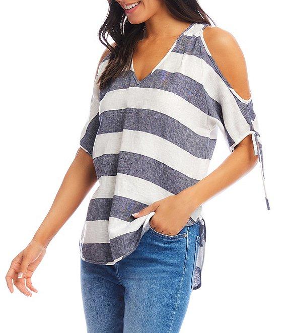 Karen Kane Linen Striped Cold Shoulder V-Neck Short Sleeve Top Product Image