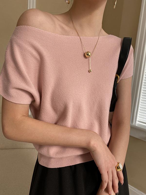 Stylish Loose Solid Color Boat Neck Knitwear Pullovers Tops Product Image
